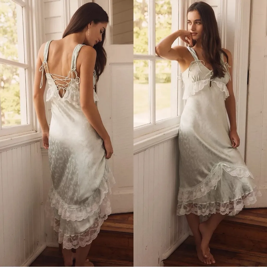 NWT FOR LOVE AND LEMONS Mint Twist Jacquard Midi Slip Dress Sz L - Image 2