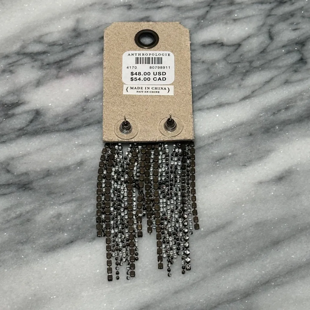 Anthropologie Crystal Fringe Earrings New Black & Silver - Image 3