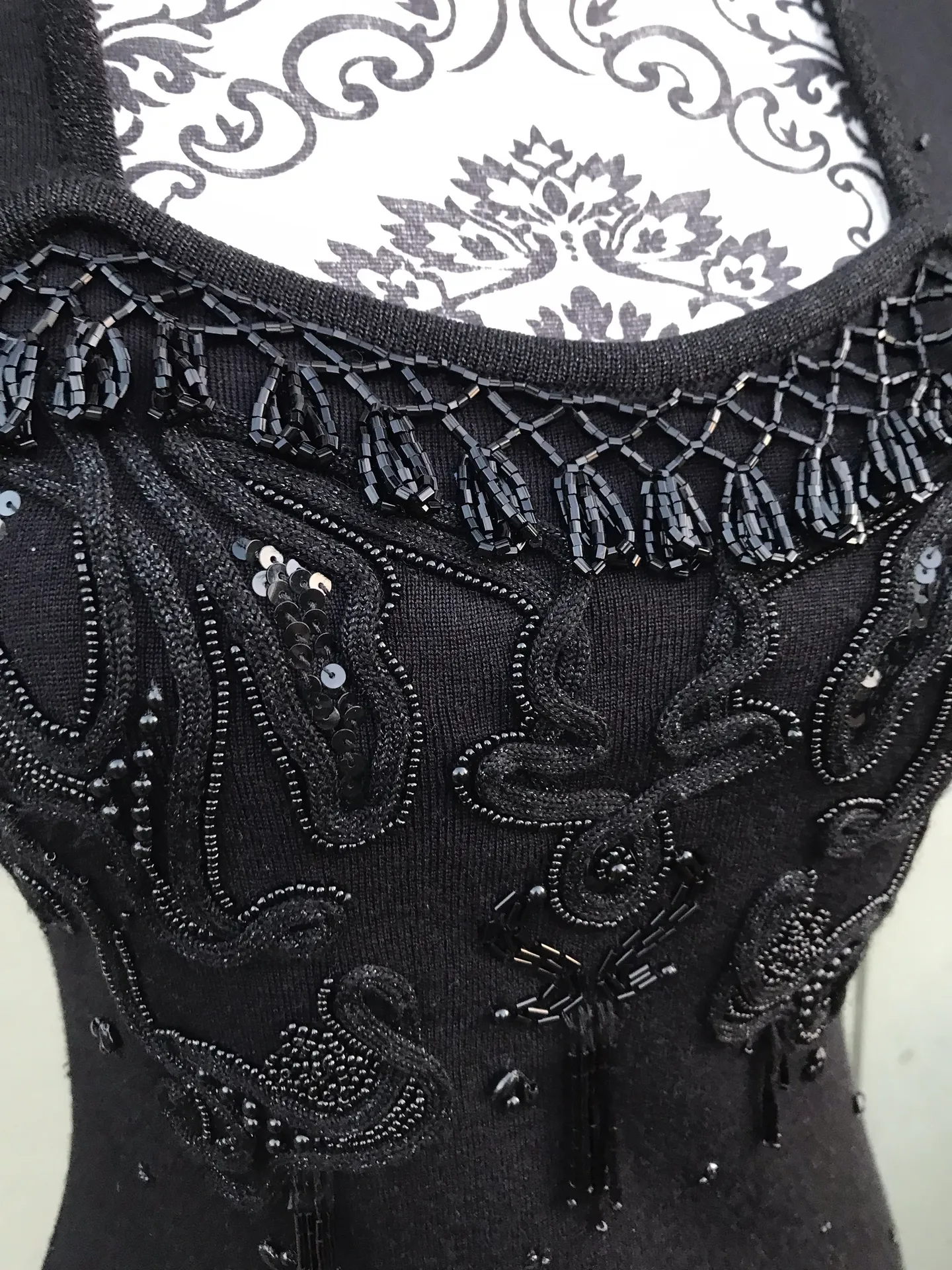 Vintage 90s Carole Little Beaded Tassel Little Black Sweater Knit Dress P/P - Image 3