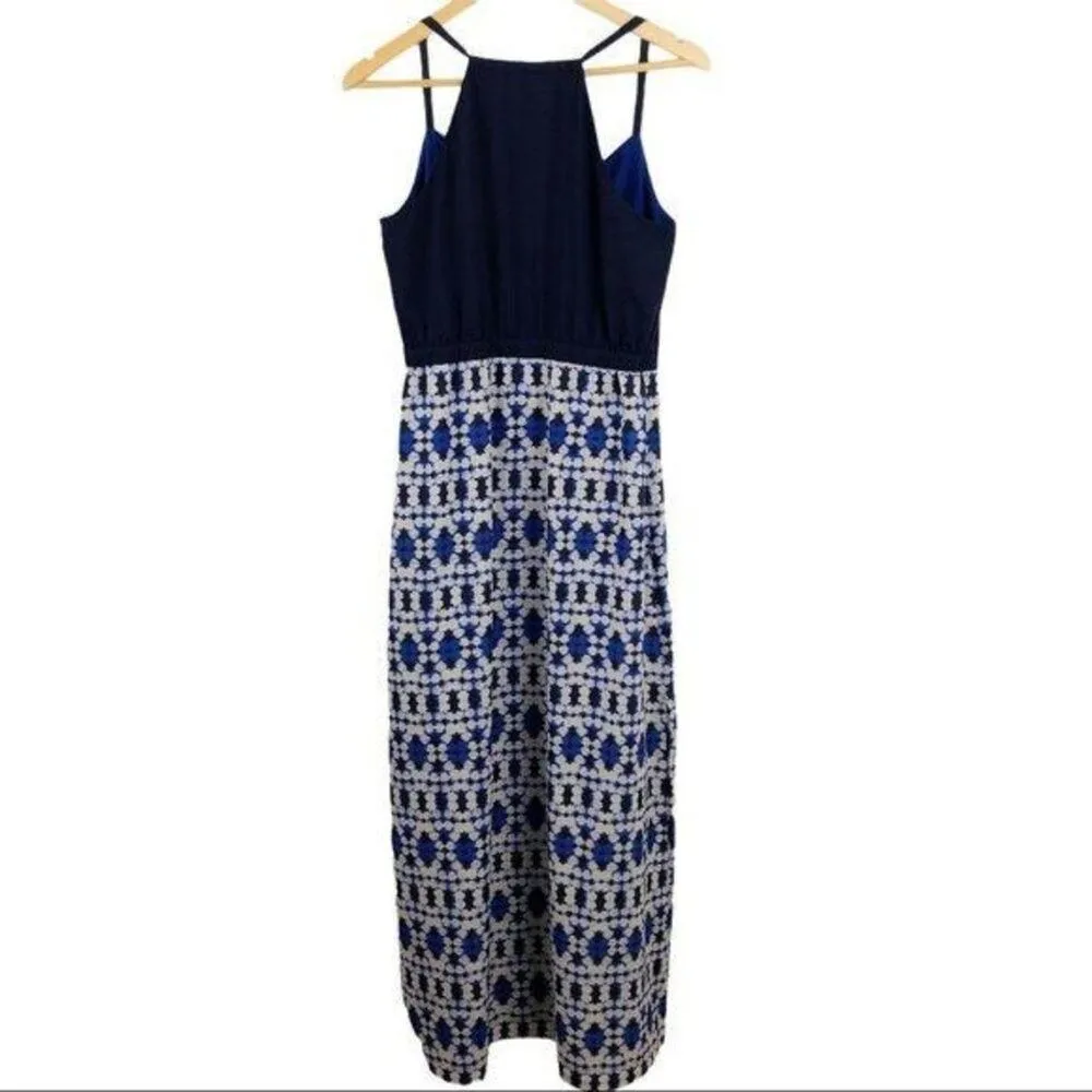 J. Crew Navy Geometric Printed Maxi Dress Long Spaghetti Strap Halter Neck SZ 6 - Image 11