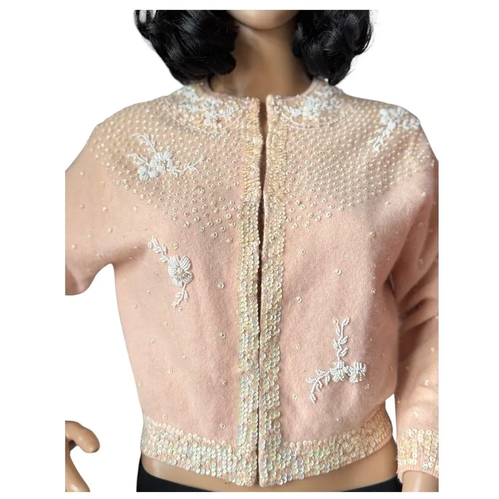 Vintage Jo Ro Imports Angora Lamb Wool Beaded Sequin pink white Cardigan small - Image 2