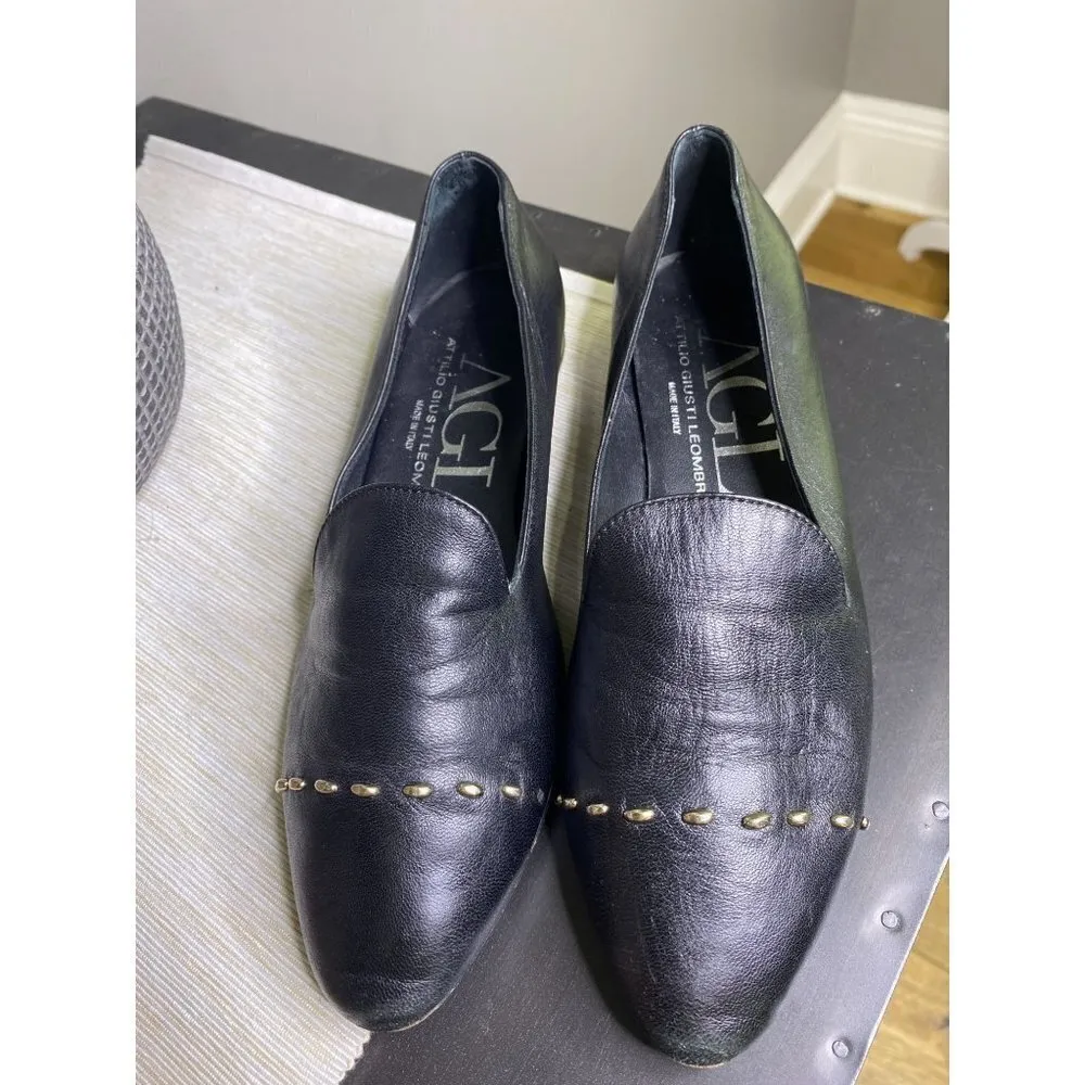 AGL Attilio Giusti Leombruni Black Leather Stud Venetian Loafers Size US 6 - Image 3