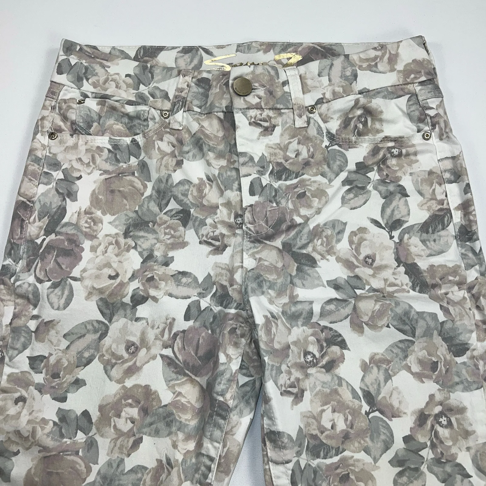 Seven7 Tummyless High Rise Skinny Pastel Floral Jeans Cream Pink Gray Size 10 - Image 3