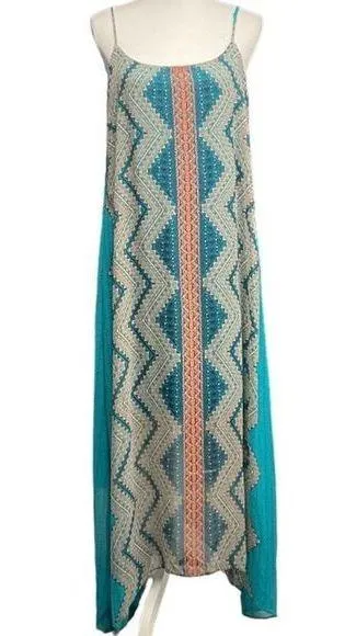 Bisou Bisou Michelle Bohbot High-Low Maxi Dress Size 12 Teal Orange Sheer Summer - Image 1