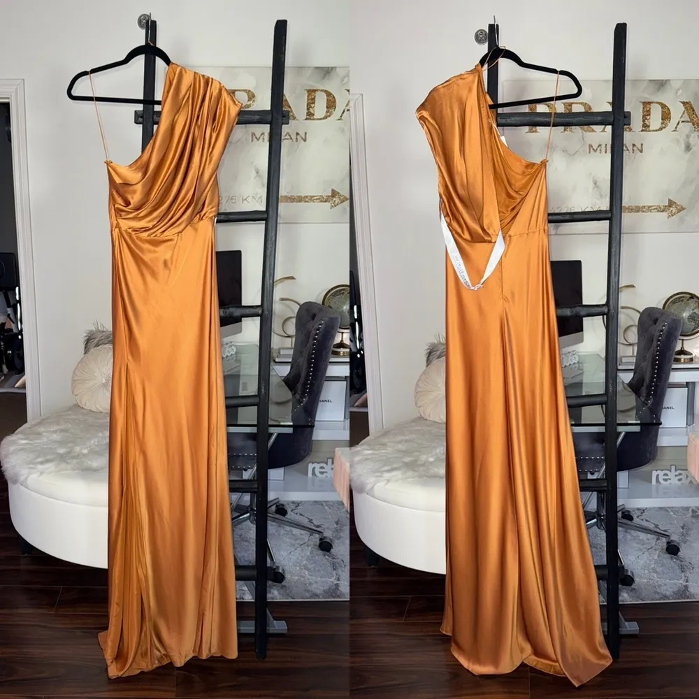 Michelle Mason Asymmetrical Open Back Draped Gown in Copper - Image 5