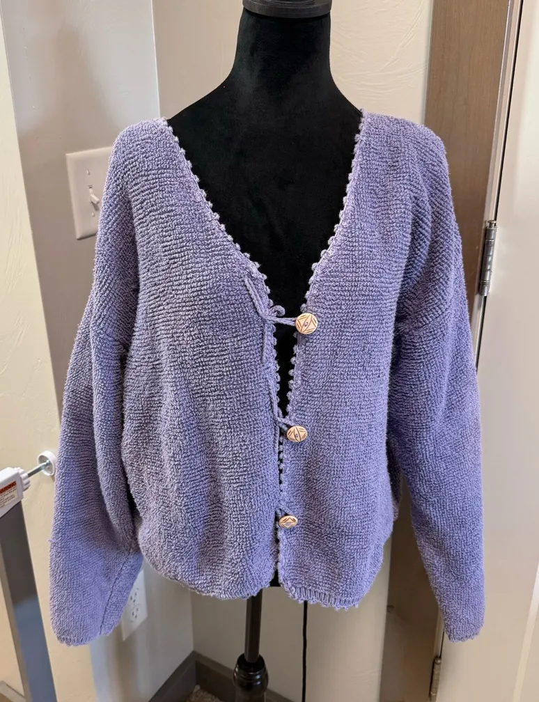 Vintage Y2K Flashback Terrycloth Loose Fit Button Up Cardigan Sweater Purple L Size L - Image 1