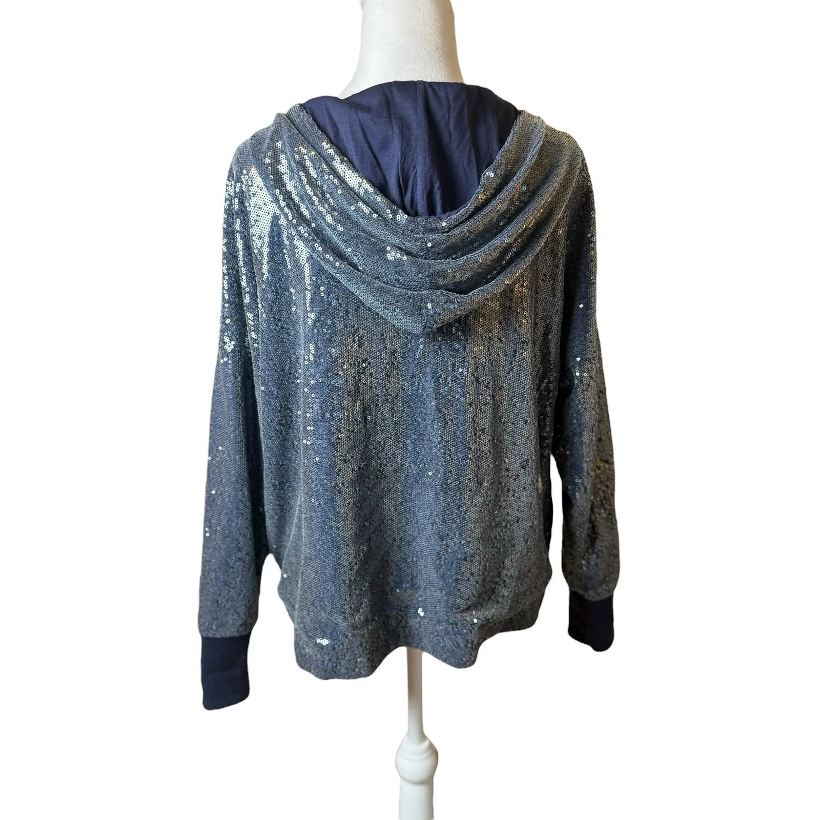 Anthropologie Zip Up All Over Sequin Hoodie Blue Pewter Small Eras Concert Party - Image 10