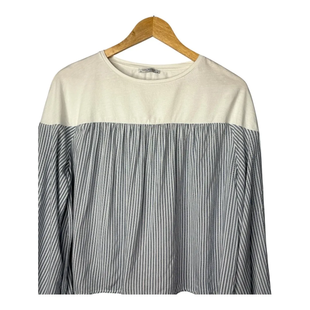Zara Trafaluc‎ Striped Long Sleeve Top Cream Gray Casual Blouse Women Size Large - Image 4