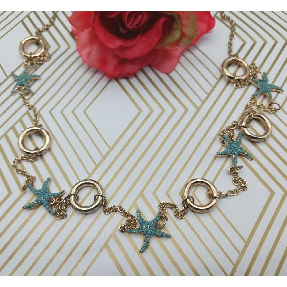 MINT Condition Charming Charlie Beachy Chain Gold Tone Blue Sea Star Stations - Image 2