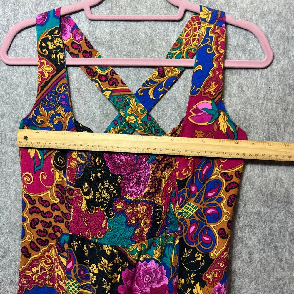 Vintage 90s Floral Midi Dress Cross Back Party Dress Rayon Sleeveless Summer‎ Gold Size undefined - Image 2
