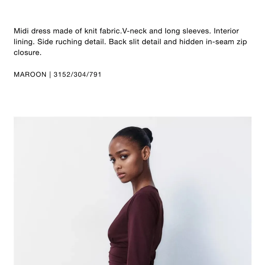 Zara NWT burgundy v neck long sleeve midi dress with ruched draped detail - Image 5