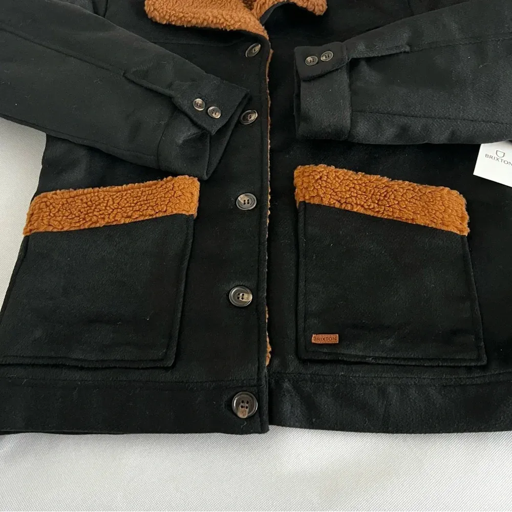 Brixton Nouvelle Coat Sherpa Lined Size Medium Black/Brown Button Closure Peacoa Black - Image 8