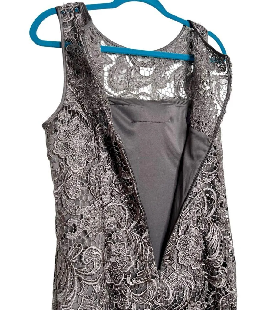 Adrianna Papell Gray Illusion Lace Overlay Boat Neck Sheath Dress - Image 8