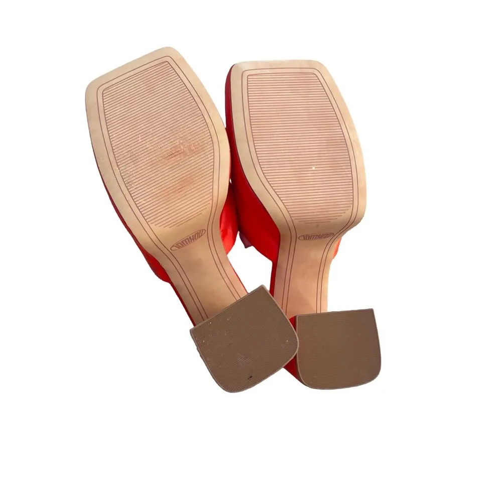 Nokwol Macie Platform Square Toe Heeled Mules Sandals in Red Orange Satin 11 - Image 9