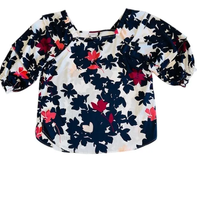 Liz Claiborne Floral Blouse Square Neck 3/4 Sleeve Top White Blue‎ Red M - Image 3