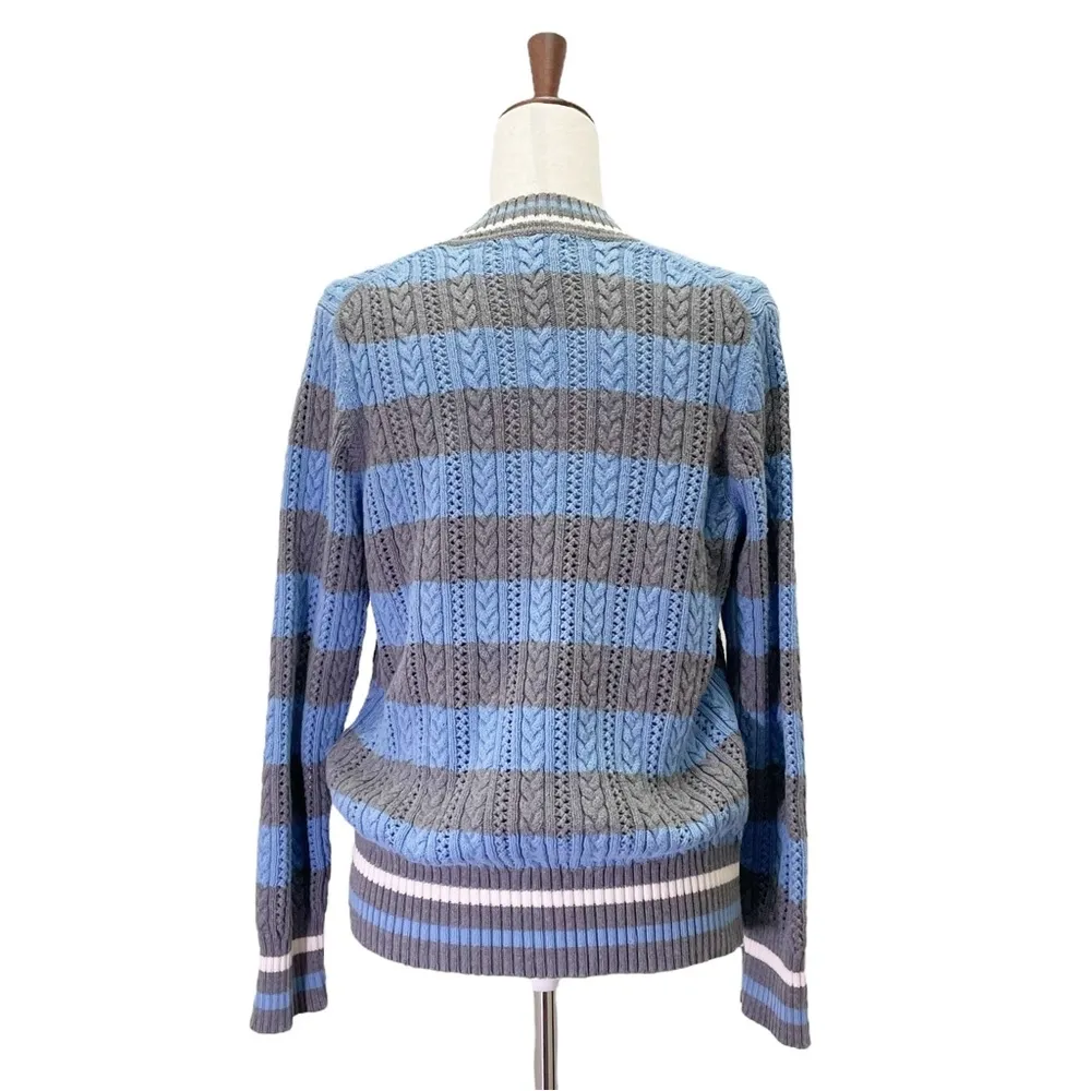Liz Claiborne Cotton Cable Knit Sweater Size XL Blue Gray Stripe V-Neck VTG - Image 3