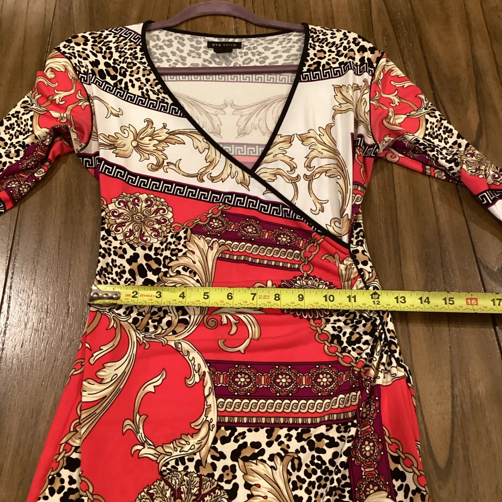 Eva Varro faux wrap sheath knee length 3/4 sleeve animal paisley print dress S Red - Image 4