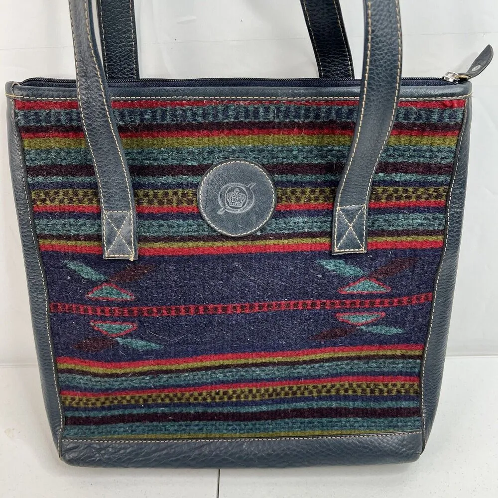 BORN Southwestern Aztec Tote Boho Wool Leather Shopper Blanket Bag Navy - Image 3