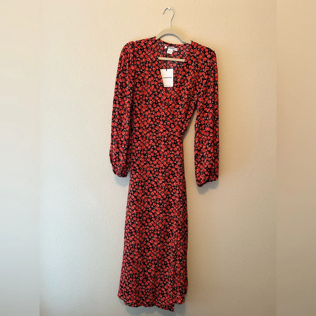 GLAMOROUS Bloom Midi Wrap Dress in Red Rose Floral - Image 2