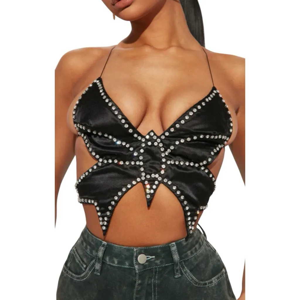 Jumisee Butterfly Top Womens Size M Black Beaded Rhinestone Cross Open Back NWT Size M - Image 3