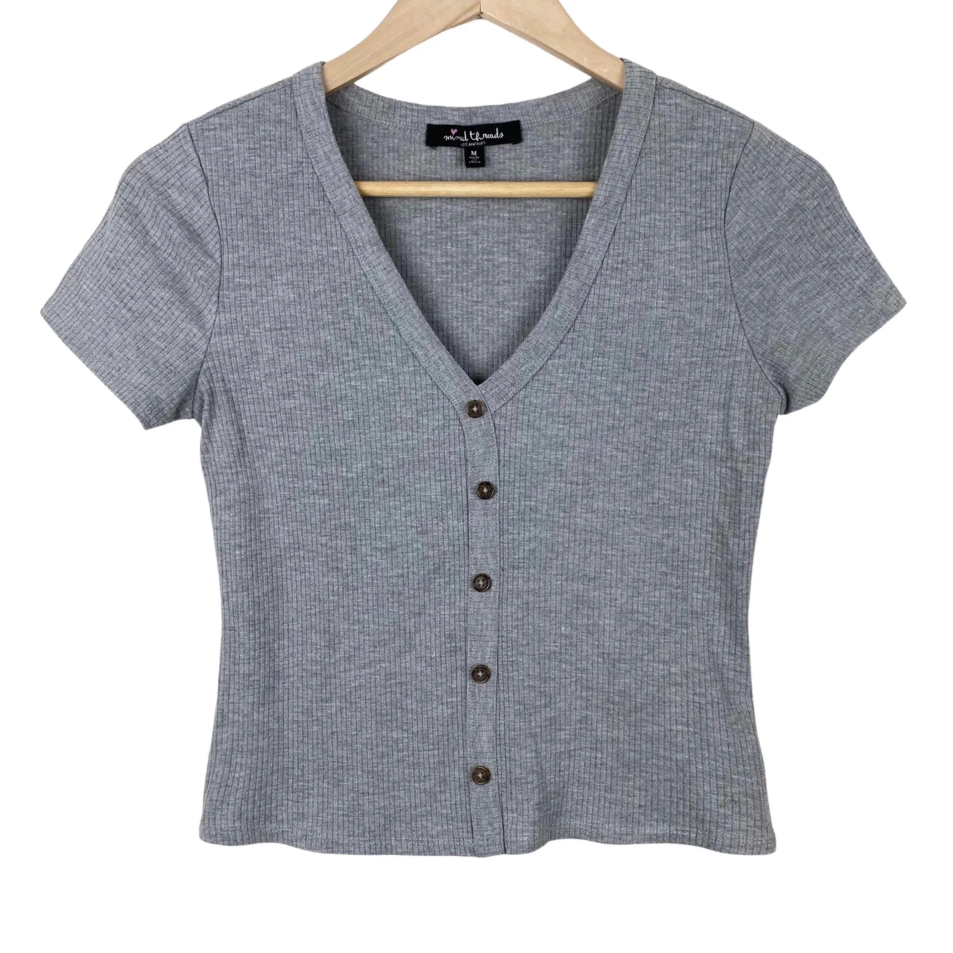 Mixed Threads Los Angeles Basic Ribbed Gray Button Front Top  - Image 3