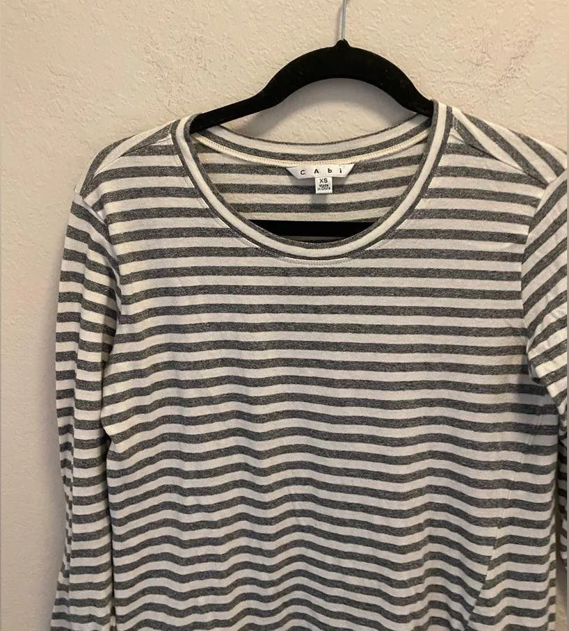 CAbi Gray And White Striped Hi-Low Asymmetrical Hem Long Sleeve Blouse - Image 2