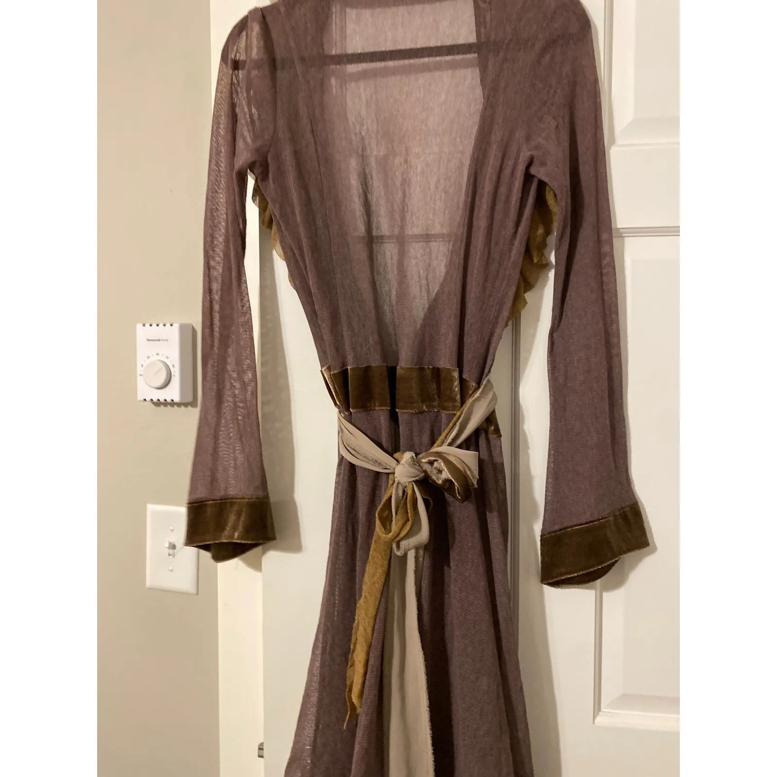 Velvet Ruffle Sheer Brown Duster Kimono Robe Medium Ethereal Bohemian Dark Femme - Image 9