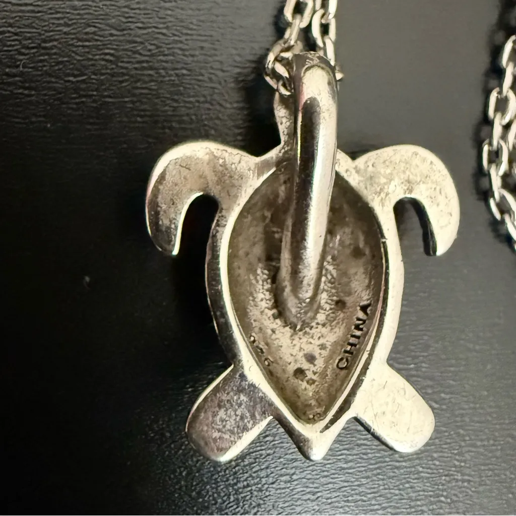 925 Sterling Silver Blue Opal Inlay Sea Turtle Pendant 16” Necklace 3g. - Image 13