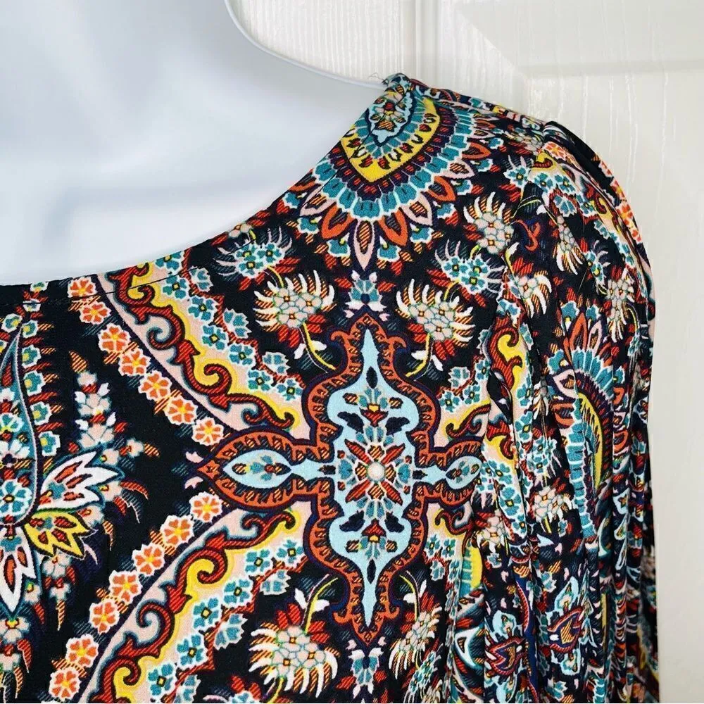 Love FIRE Pleated Wide Arm Shift Dress Mediterranean Stain Glass Print Multi M Blue Size M - Image 6