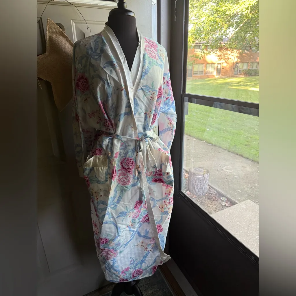 Vintage Appel pastel floral striped satin trim kimono robe, one size Blue Size XL - Image 2