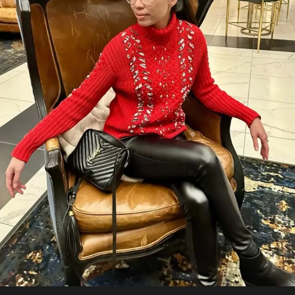 Jason Wu Red Turtleneck Sweater MEDIUM Slouchy Soft Wool Ribbon Oversized $495 - Image 7