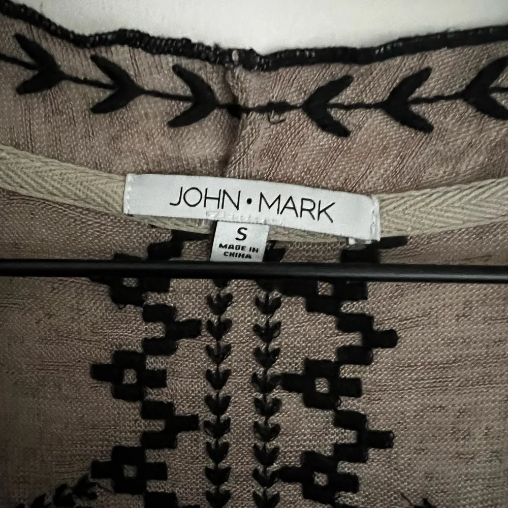 John Mark Embroidered Boho Open Front long Cardigan Duster Tan Black flowy S - Image 2