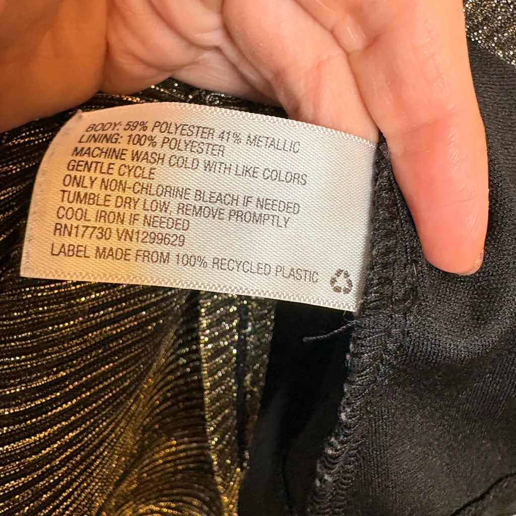 Gold Metallic Ruched Waist Long Sleeve Party Mini Dress Shimmer Holiday Small - Image 5