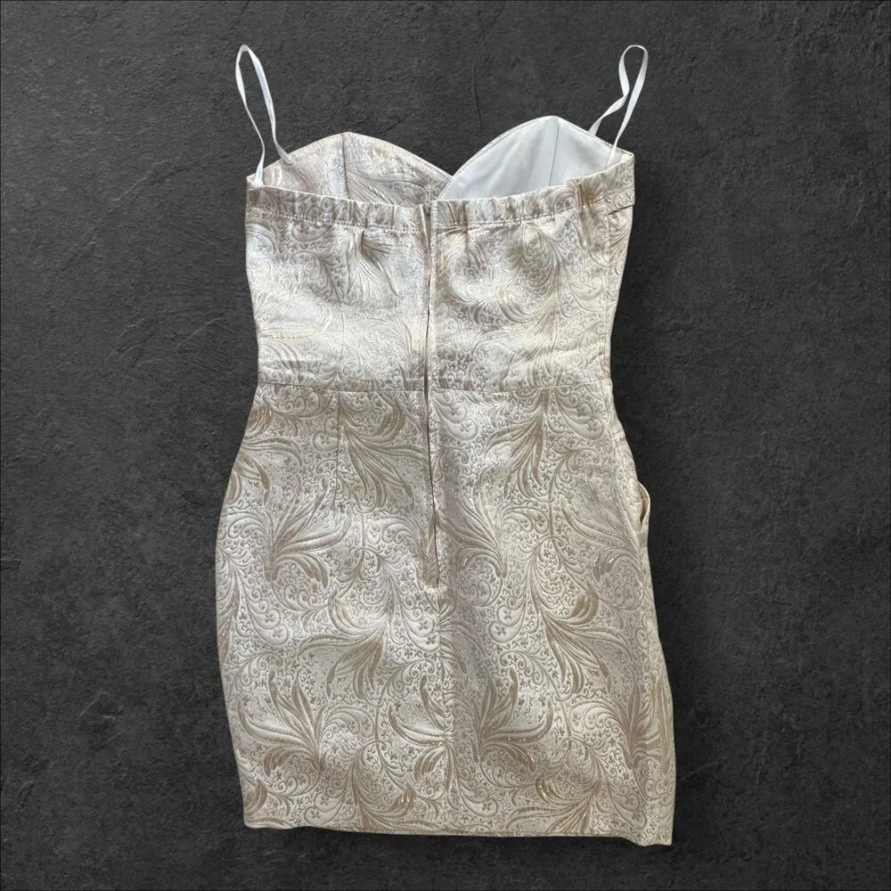 Vintage Y2K Women's Taboo Strapless Cream Gold Jacquard Formal Mini Dress sz S - Image 2