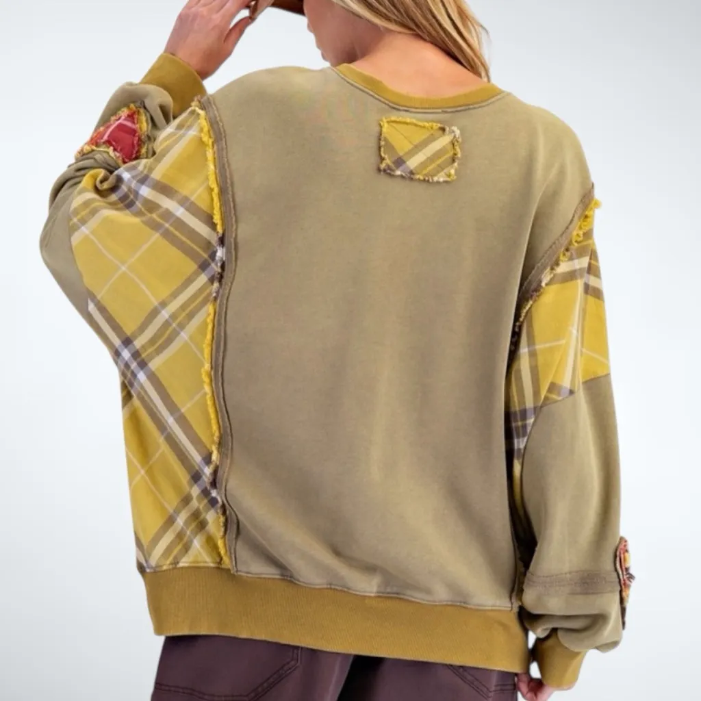 Easel Oversized Women Heart Patch Plaid Sweatshirt Size S - Image 2