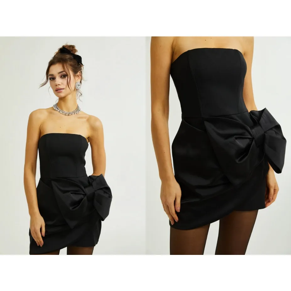 Miss Rosier NEW Lanetta Bowknot Asymmetrical Mini Dress XS Classic Bridal‎ Black - Image 2