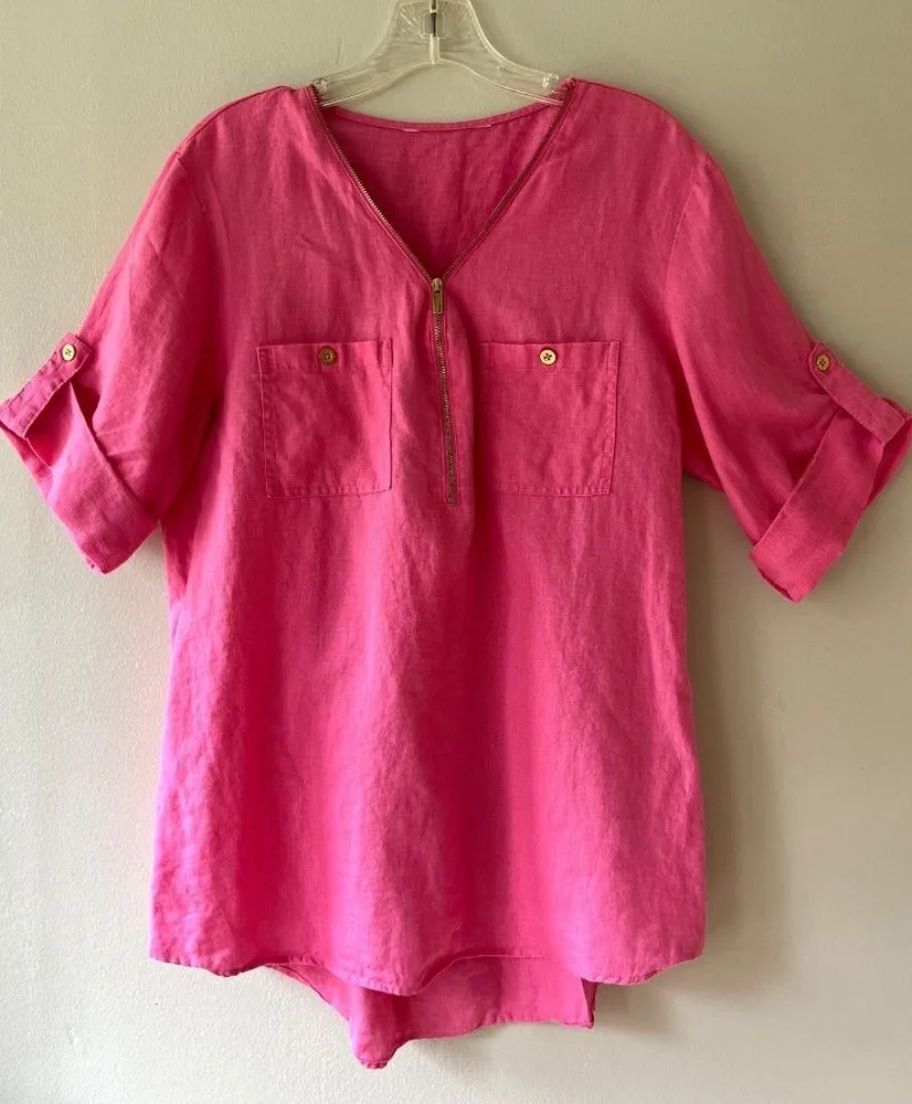 ELLEN TRACY Roll Tab Sleeve Linen Tunic Hot Pink V Neck Blouse Pockets Size M - Image 1
