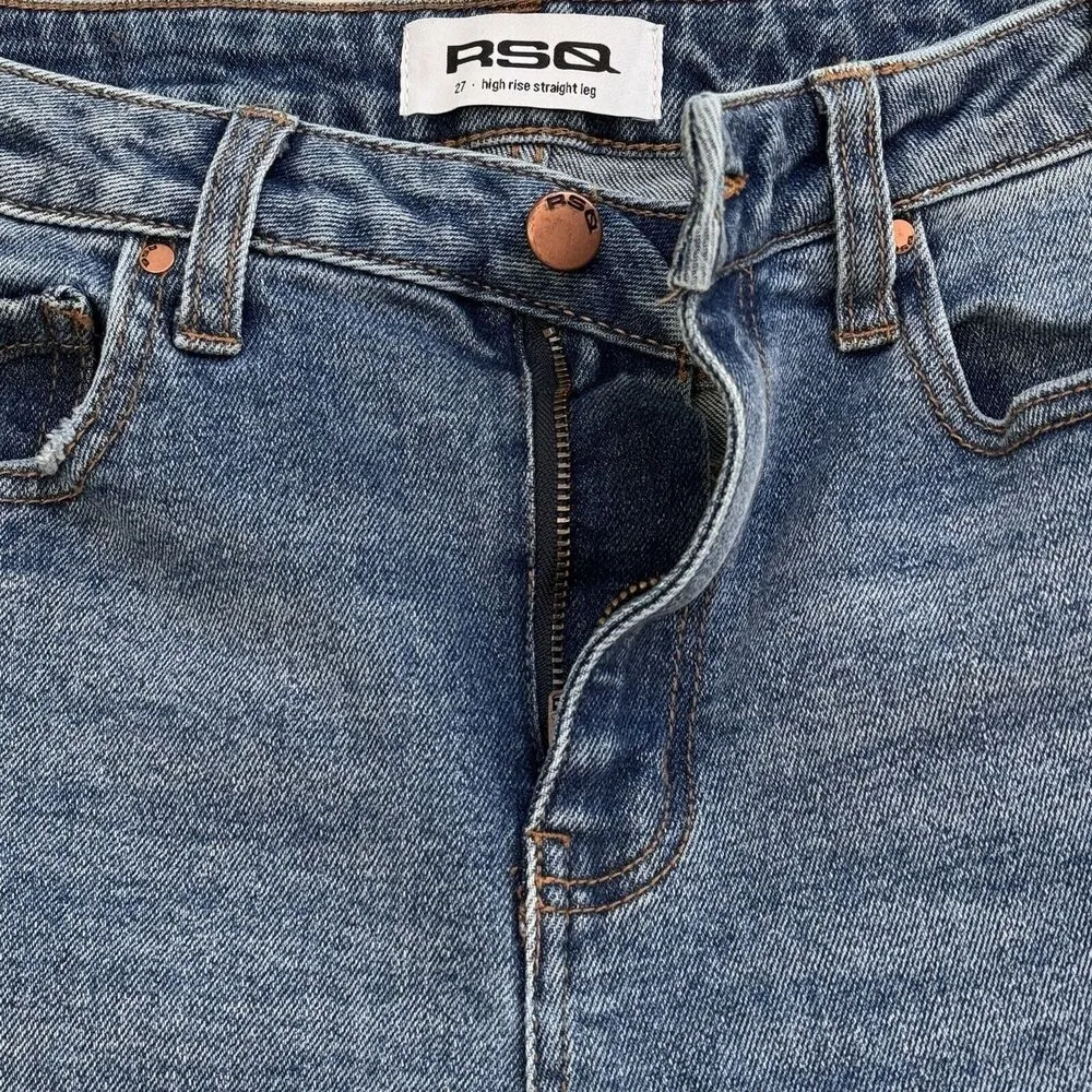 RSQ SZ 27 High-Rise Straight Jeans Zip-Fly Frayed Hems Stretch Medium Wash Blue - Image 6