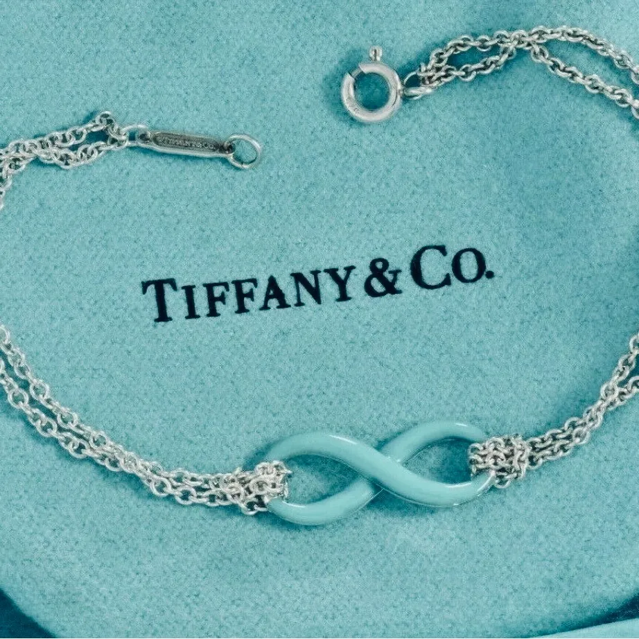 Tiffany & Co. Blue Enamel Infinity Bracelet Double Chain Sterling Silver 6” Rare - Image 2