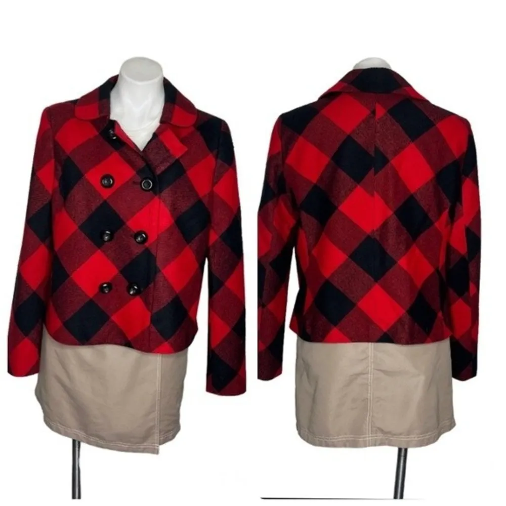 JONES New York Signature Red Black Buffalo Plaid Double Breasted Pea Jacket - Image 11