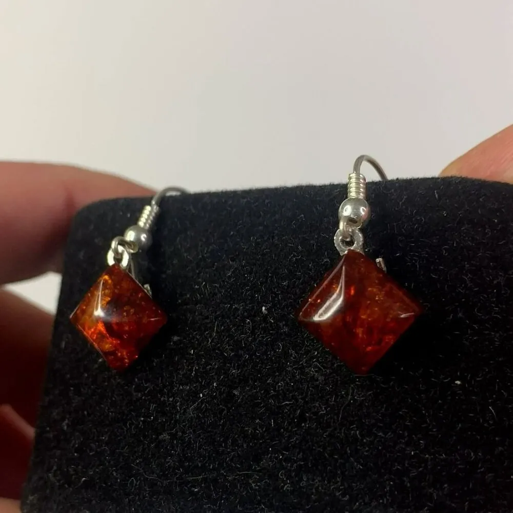Sterling Silver 925 Diamond Shape Baltic Amber Drop Dangle Earrings Orange - Image 5