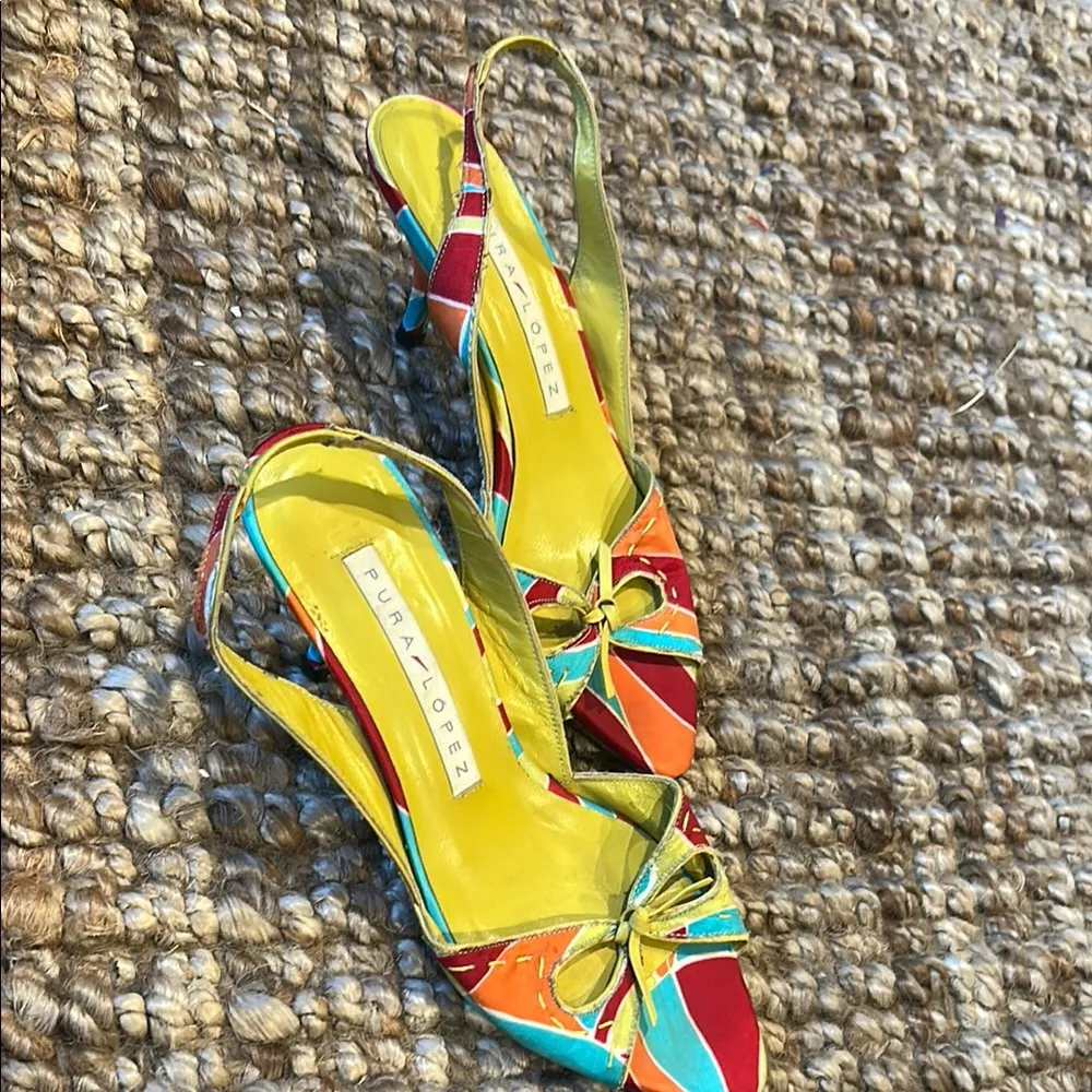 Pura Lopez 90s Vintage Pucci Inspired Sling Back Kitten Heels Size 36 Blue - Image 7