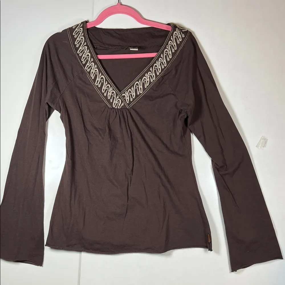 Prana Brown Long Sleeve V-Neck Top A0317 - Image 2