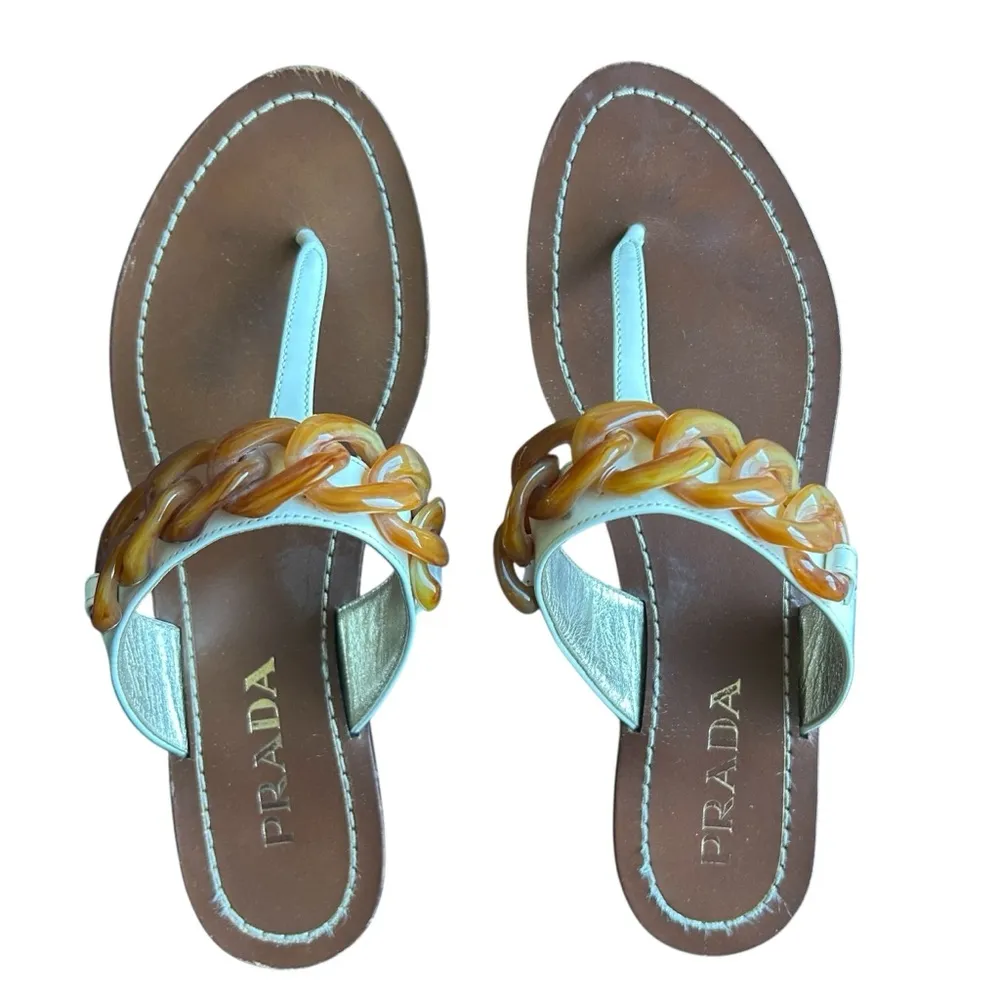 Prada  Women’s Tortoise Shell Chain Leather Thong Sandal White/Brown Size 7 (37) - Image 5