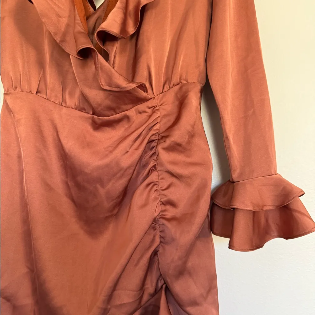 MAJORELLE Nelly Satin Ruffled Long Sleeve Dress in Pink - Image 5