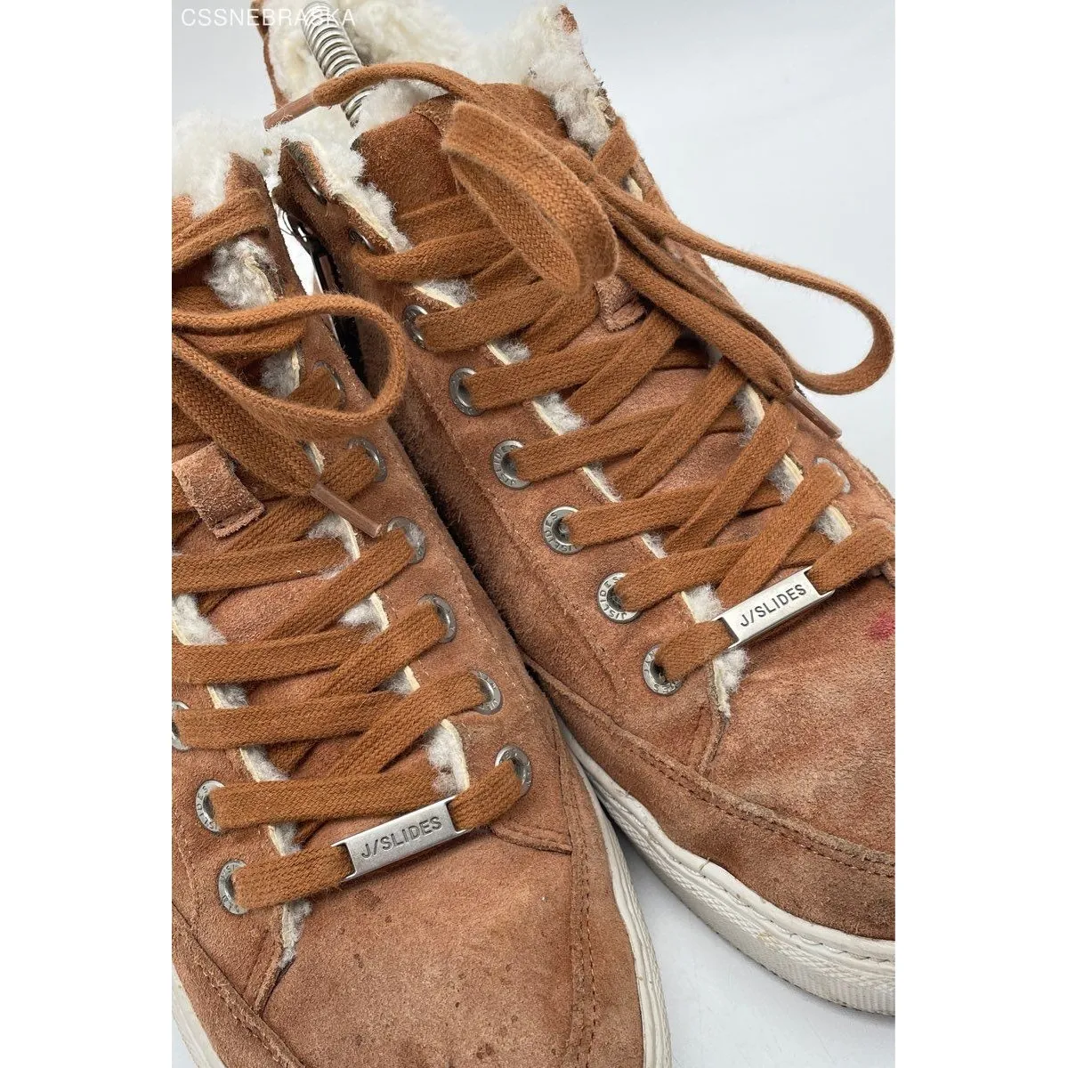 J/SLIDES Brown Leslie Shearling Trim Suede Leather Mid Top Sneakers - Image 4