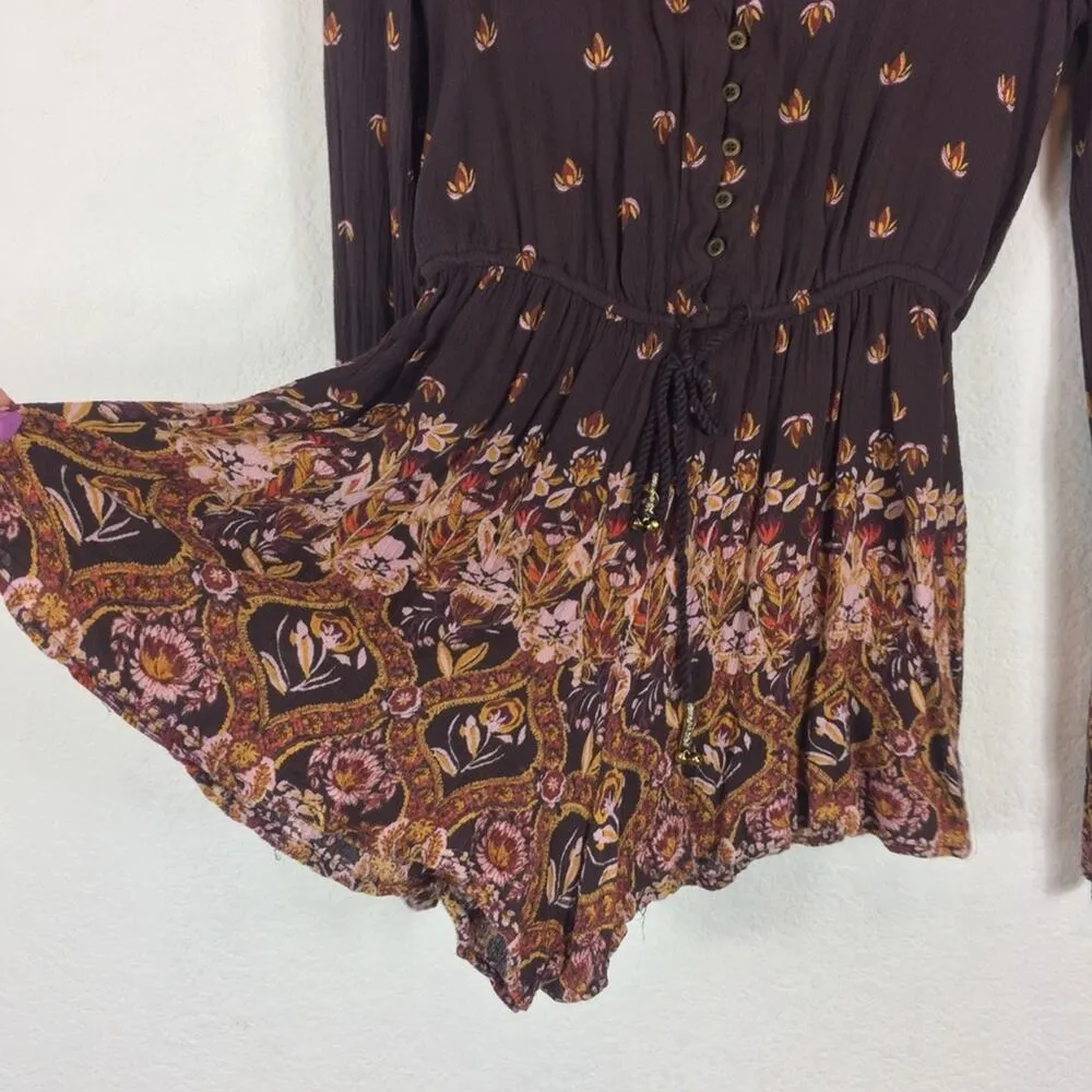 Urban Outfitters Ecote Helena Romper Small Brown Floral Boho Bell Sleeve - Image 9