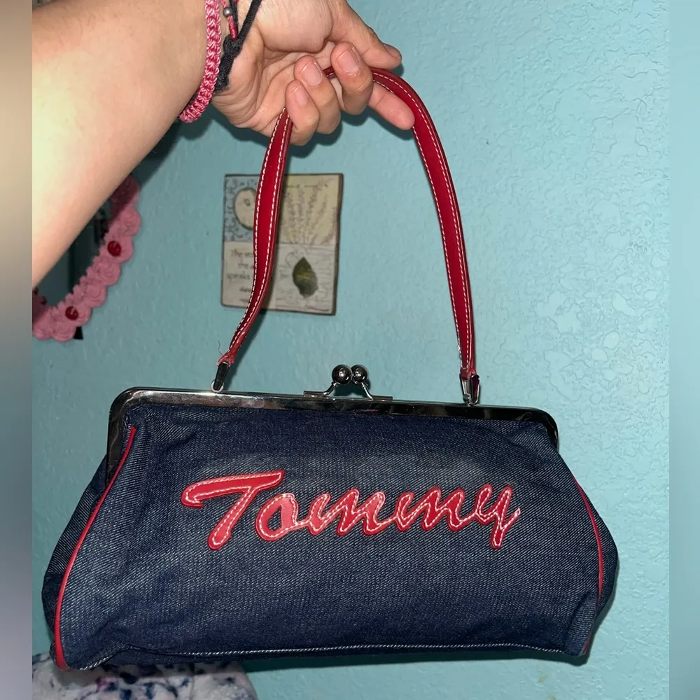 Denim Y2K Tommy Hilfiger clutch bag with red accents clutchbag - Image 2