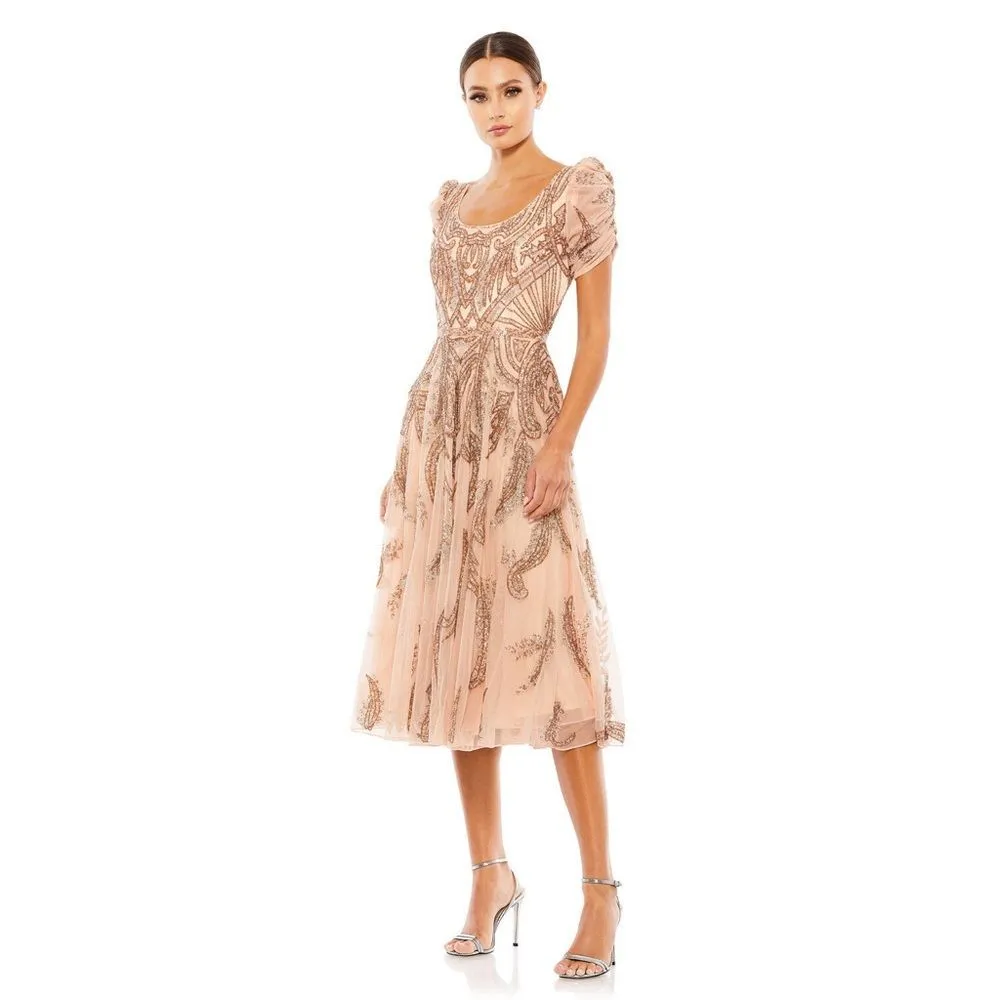 MAC DUGGAL  5434 Short Sleeve Beaded A-line Tea Length Dress - Image 3