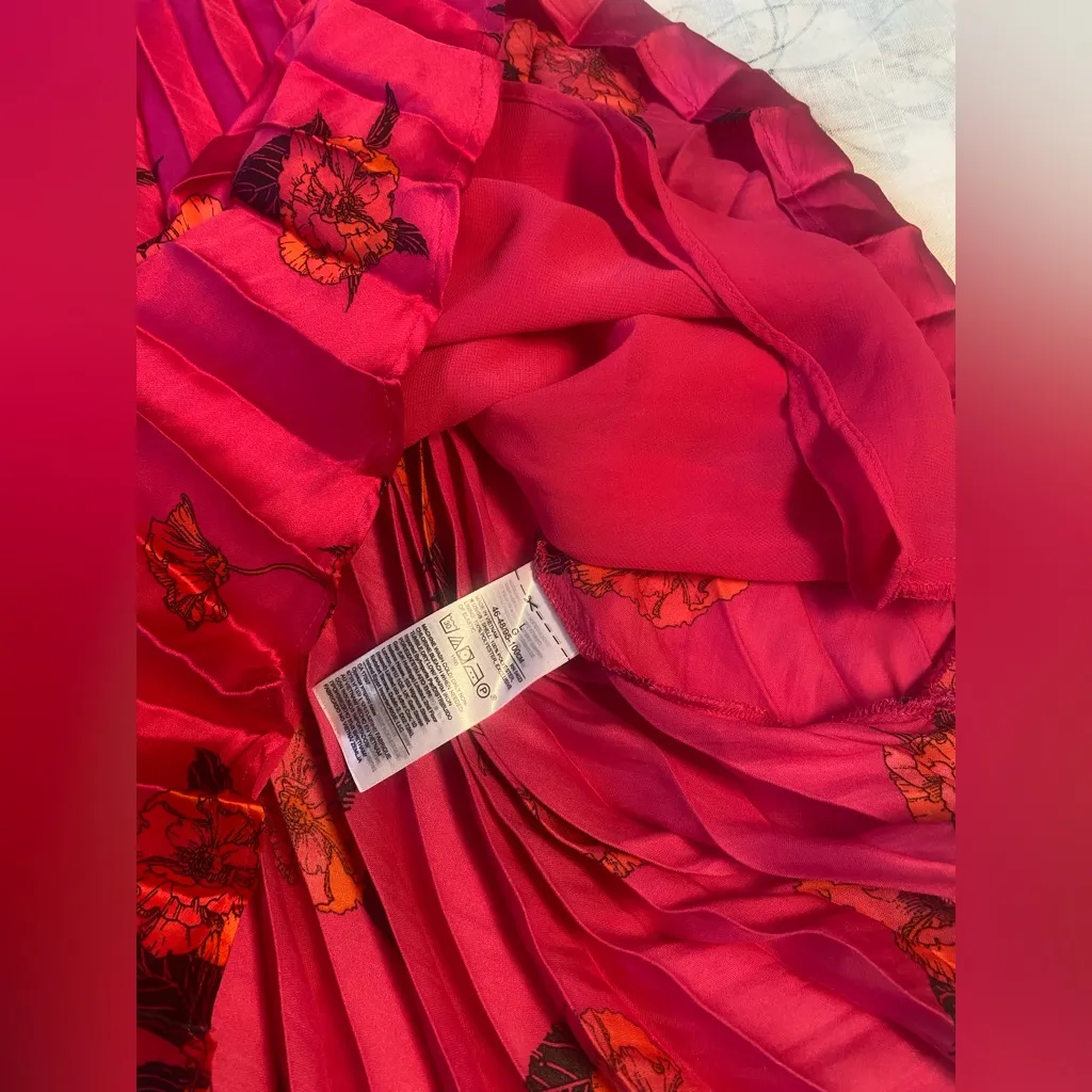 Banana Republic Floral Satin Pleated Midi Skirt Size Large Hot Pink - Image 9